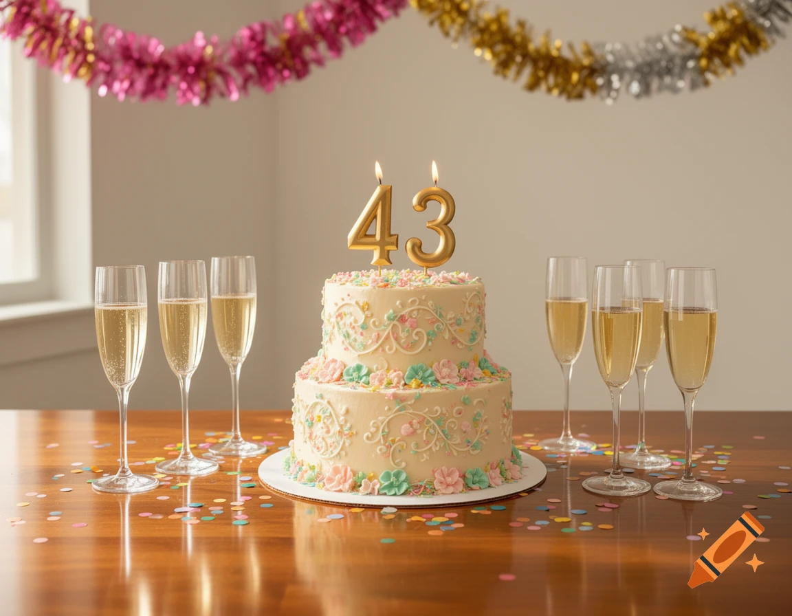 Photorealistic image of a two-tier birthday cake with '43' candles, surrounded by champagne glasses and colorful confetti on a wooden table, with party garlands above.