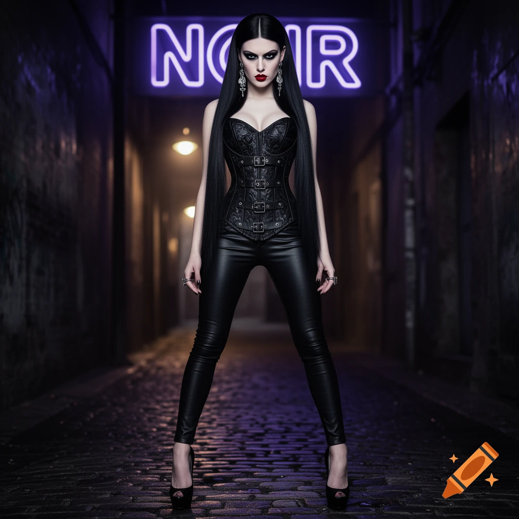 A photorealistic image of a gothic woman with long black hair, wearing a black leather corset and pants, standing in a dark alley under a purple neon 'NOIR' sign.