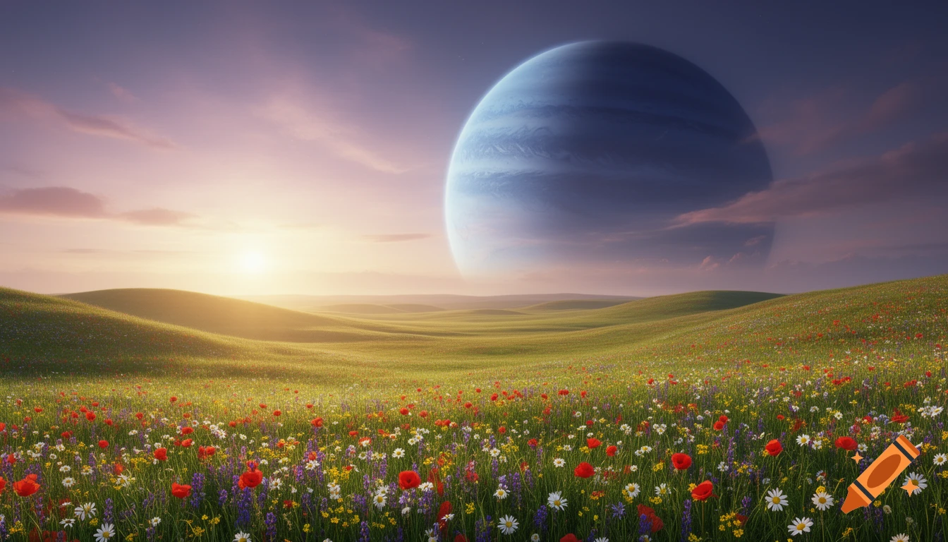 A lush green meadow with colorful wildflowers and rolling hills under a golden sunset, with a large blue gas giant planet in the sky.