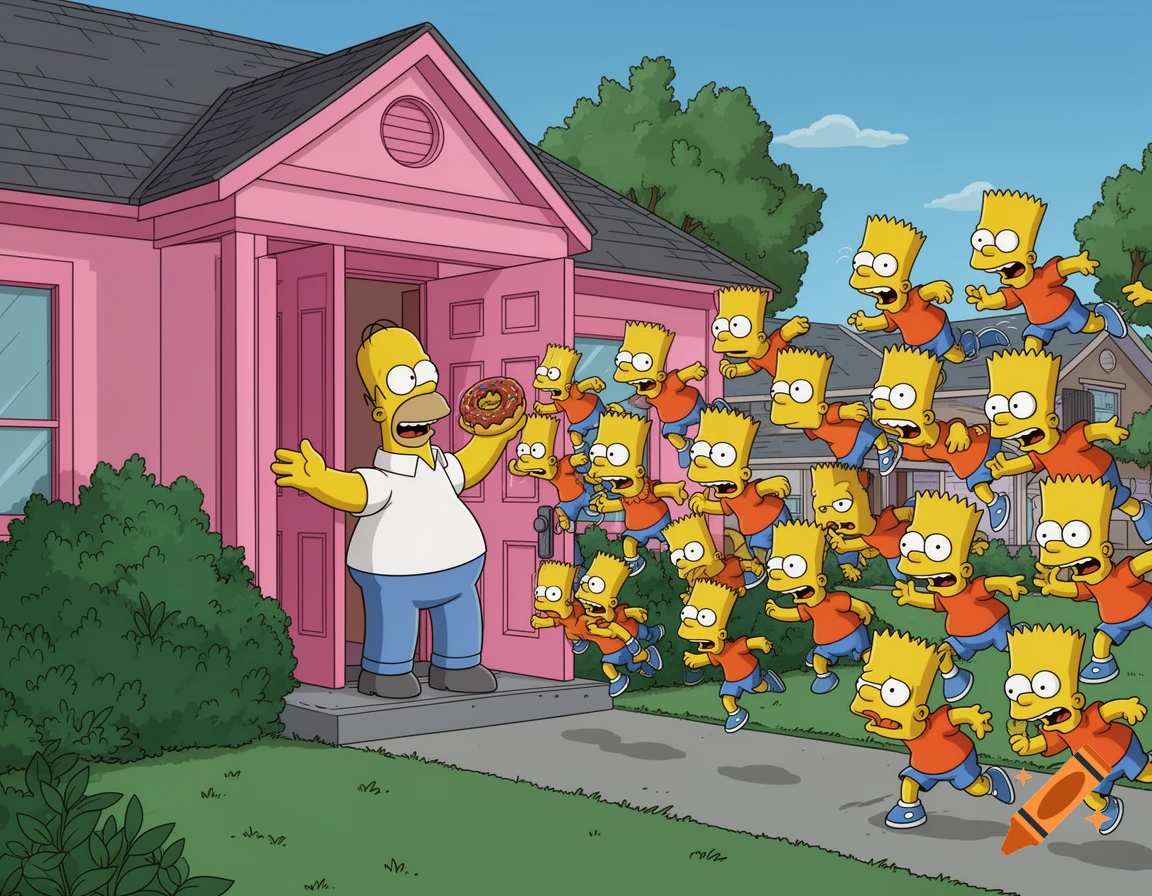 Homer Simpson stands outside a pink house, holding a donut, as many identical Bart Simpsons run out. Cartoon style.