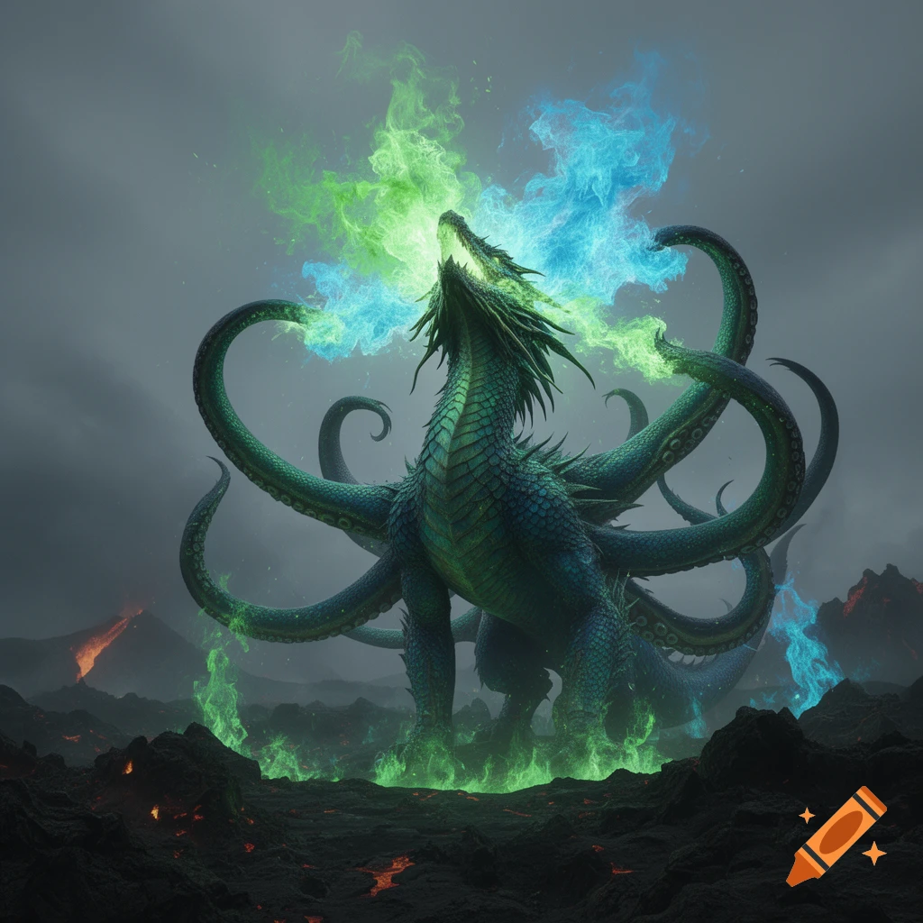 Photorealistic green dragon-octopus creature with tentacles breathing green and blue fire in a volcanic landscape.