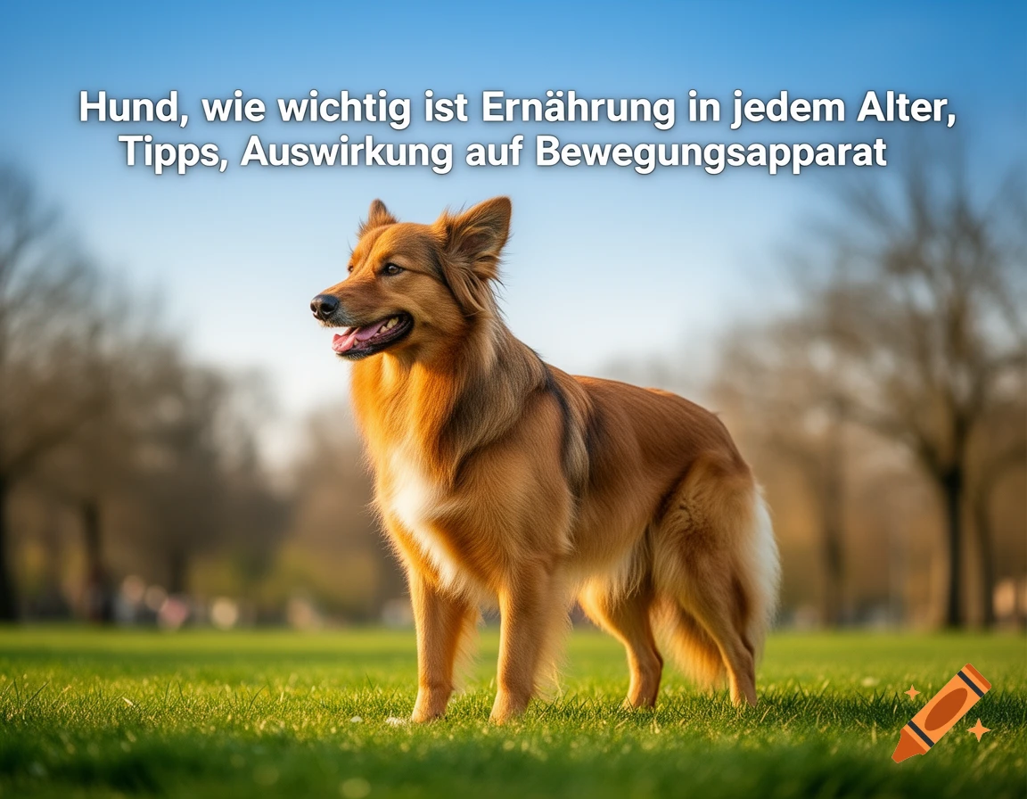 A photorealistic image of a golden-brown dog standing in a sunny green park, with German text overlaid.