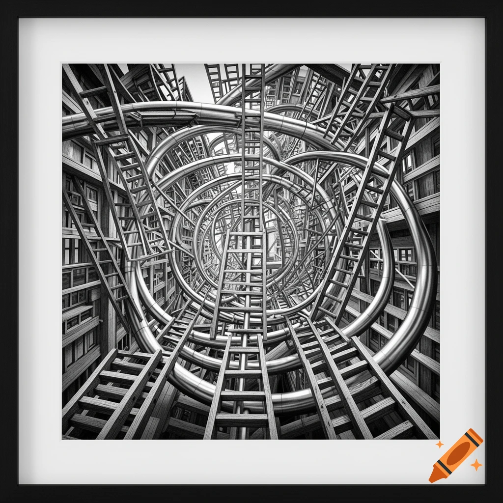A complex, intertwined black and white structure of wooden ladders and shiny metal pipes in an Escher-inspired style.