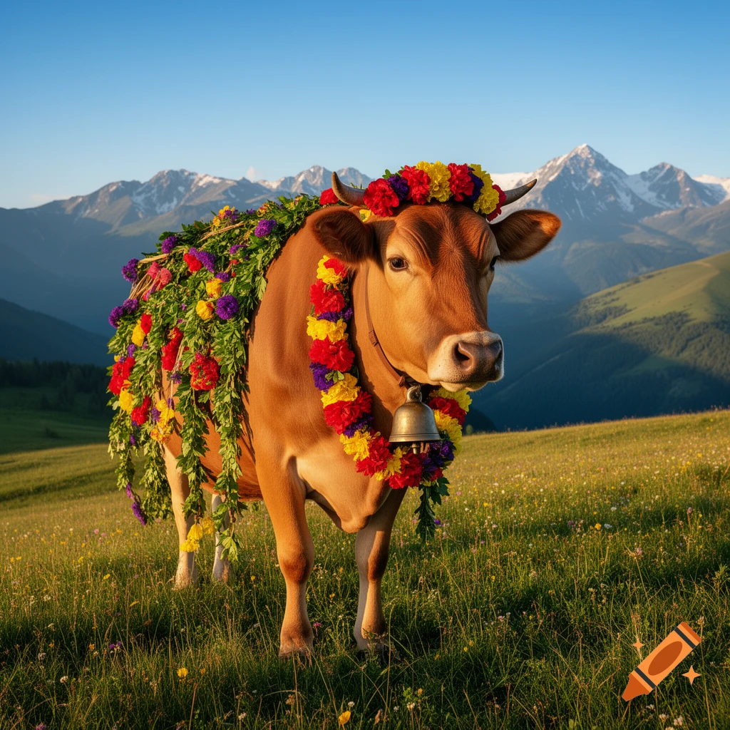 A decorated brown cow with a bell around its neck stands in a grassy mountain meadow under a clear blue sky, adorned with colorful flower garlands.