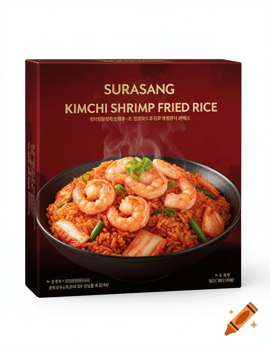 Premium Surasang Kimchi Shrimp Fried Rice box, red and black with gold text, featuring a bowl of shrimp fried rice on a white background.