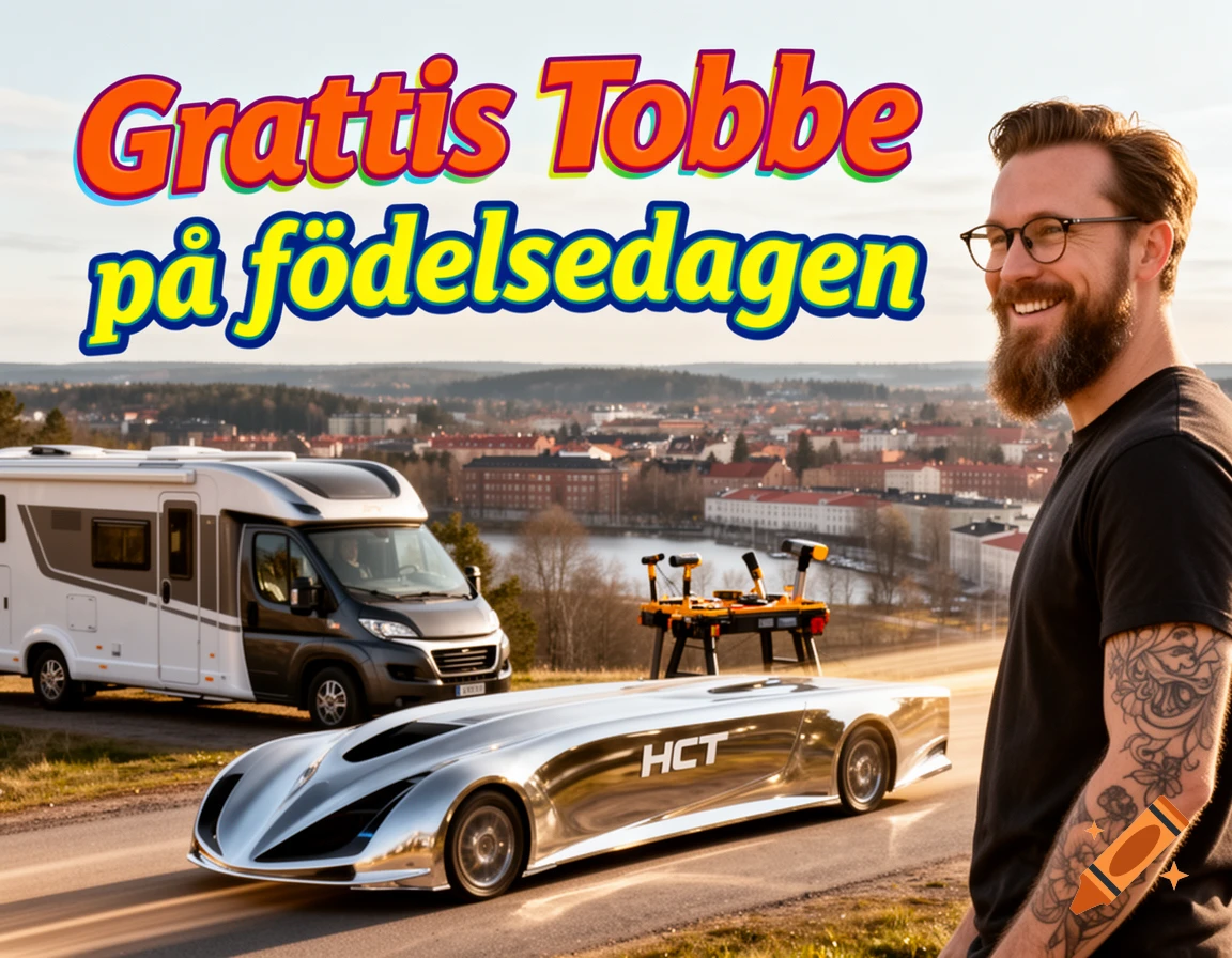 A smiling man with a beard and glasses stands beside a futuristic silver car with "HCT" on it, and a camper van, against a city backdrop. Large text reads "Grattis Tobbe på födelsedagen".