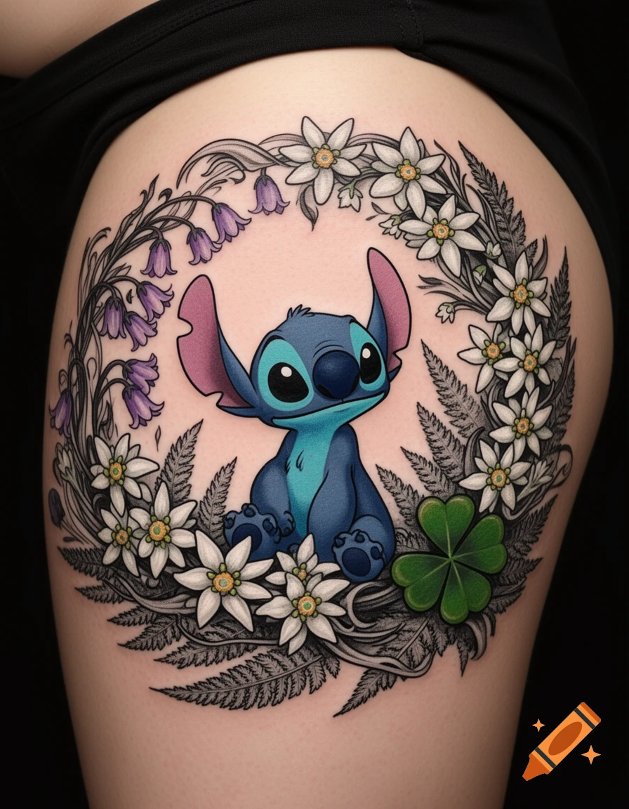 A colorful tattoo of Stitch from Lilo & Stitch, sitting in a wreath of purple harebells, white edelweiss, black-and-gray ferns, and a green shamrock on a person's hip.