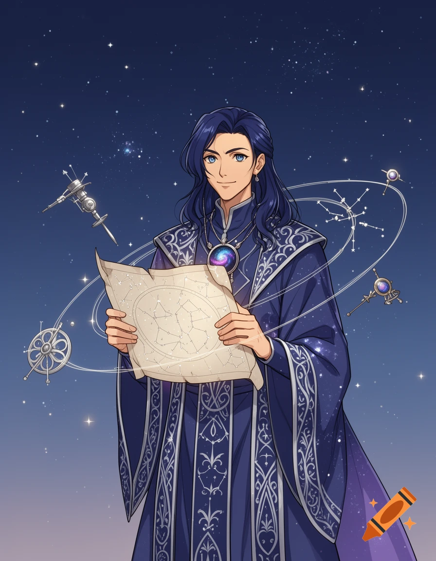 An anime fantasy astrologer in a blue robe holds a star map under a starry sky with celestial instruments.