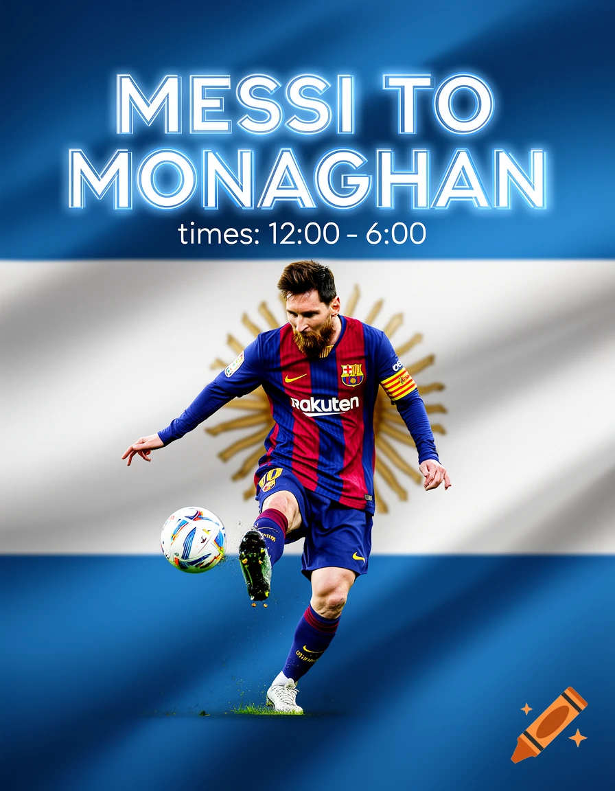 A poster of Lionel Messi in a blue and red Barcelona jersey kicking a soccer ball, set against the blue and white flag of Argentina. Bold neon text above reads "MESSI TO MONAGHAN" and "times: 12:00 - 6:00".