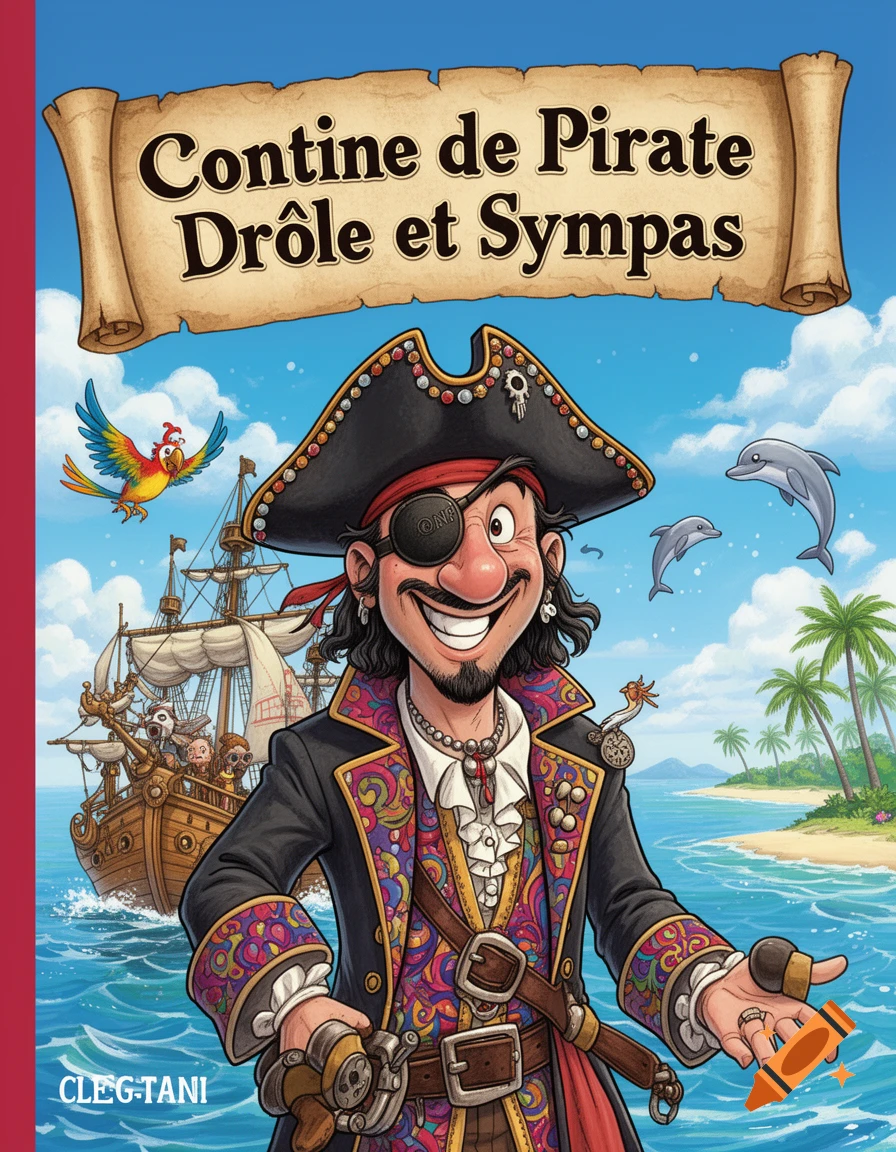 Cartoon pirate with eye patch smiling on a vibrant book cover featuring a ship, island, parrot, and dolphins.