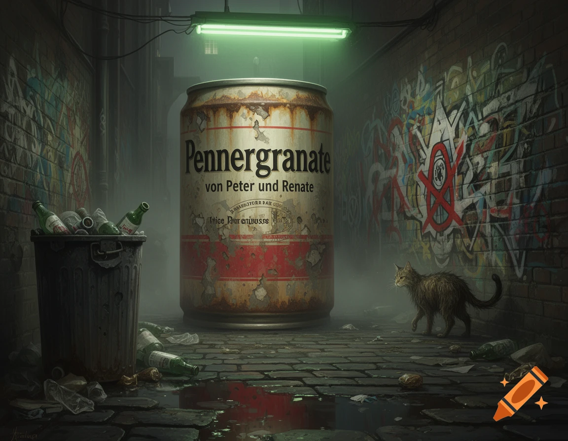 A giant, rusty beer can with German text stands in a grungy, graffiti-covered alleyway with a trash bin, scattered bottles, and a cat.