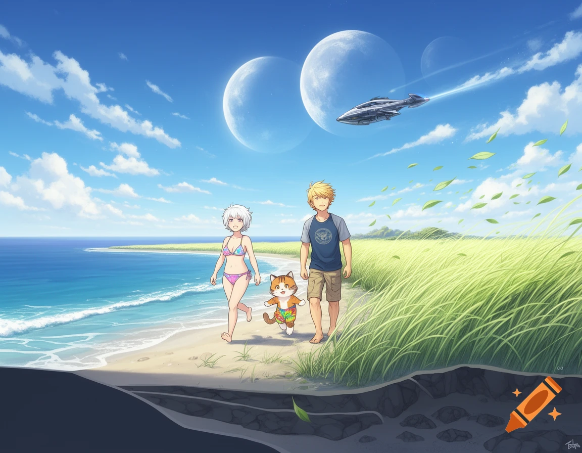 An anime-style image of a woman in a bikini, a man, and an anthropomorphic cat walking along a beach with sci-fi elements.