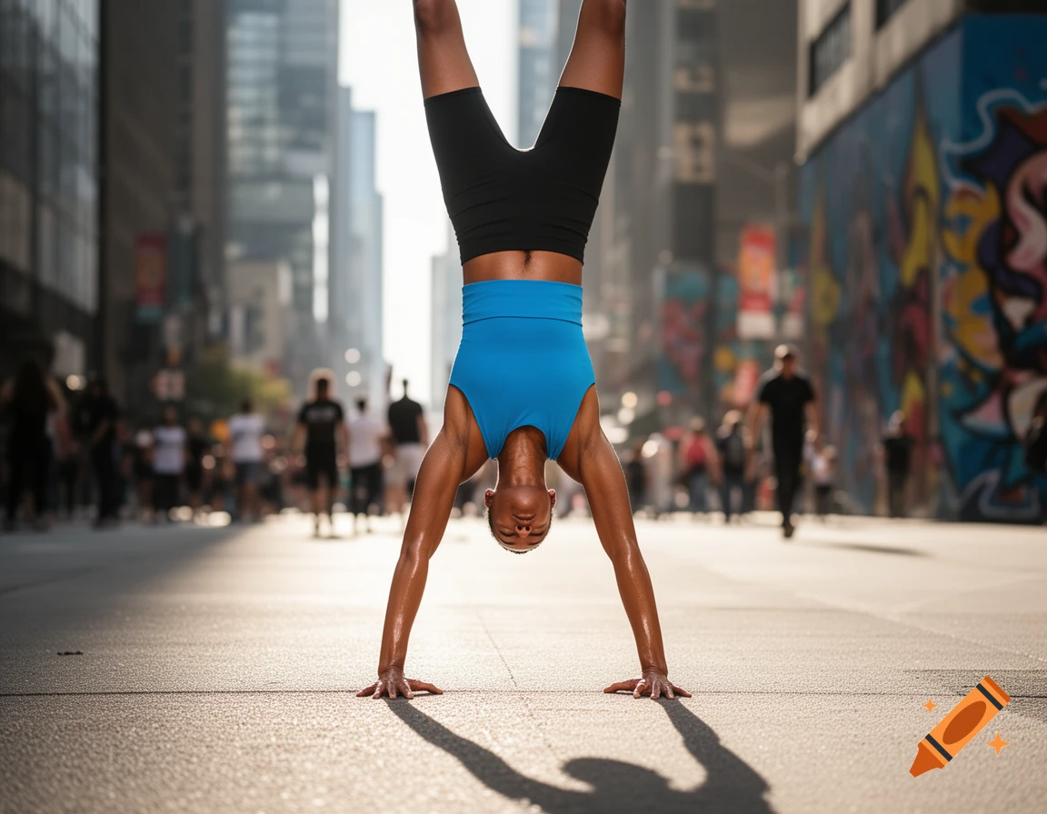 A person in athletic wear performs a handstand on a sunlit city street with blurred buildings and people in the background.