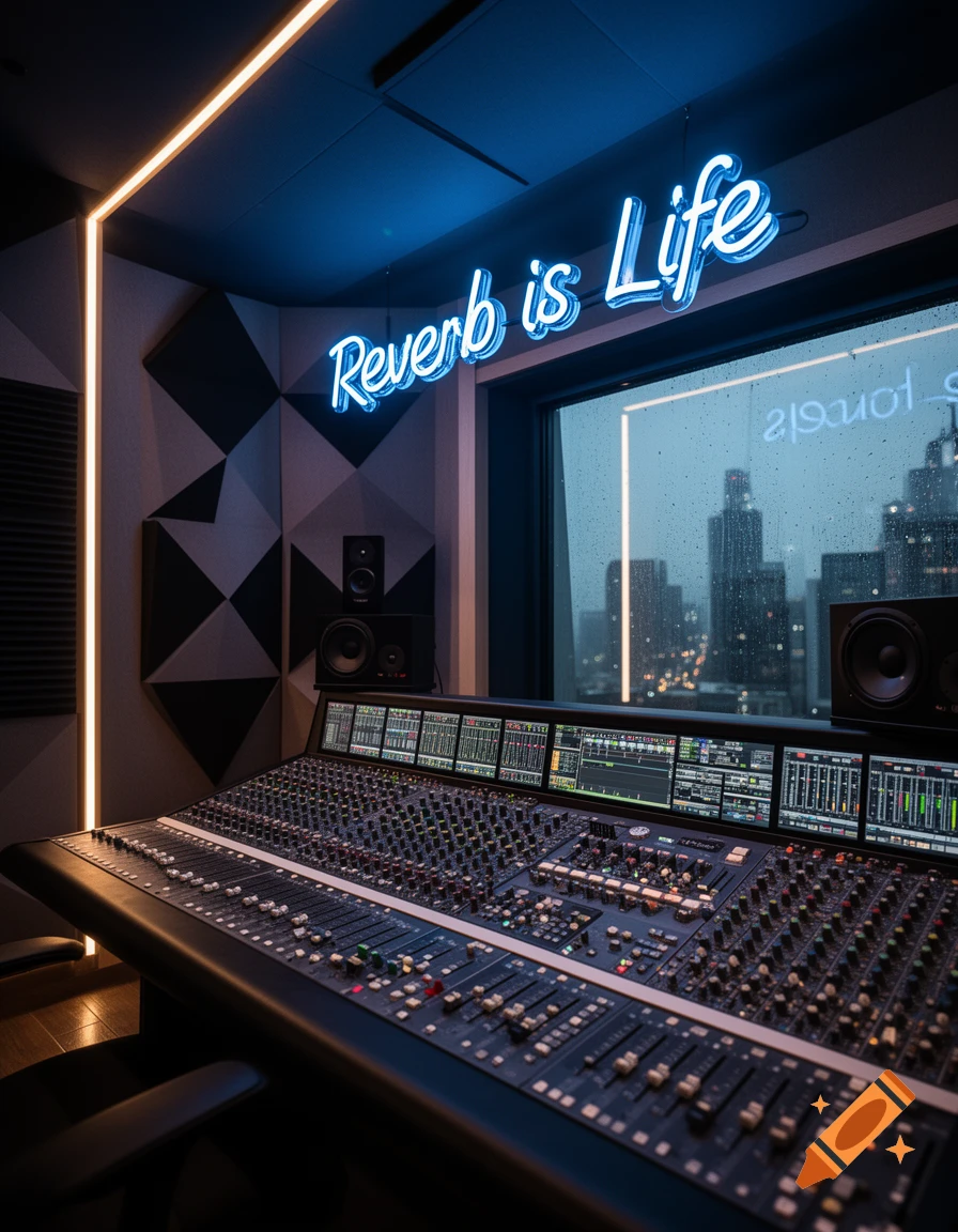 A moody recording studio control room with a large mixing console, speakers, and a neon sign reading 'Reverb is Life' above a rainy city view.