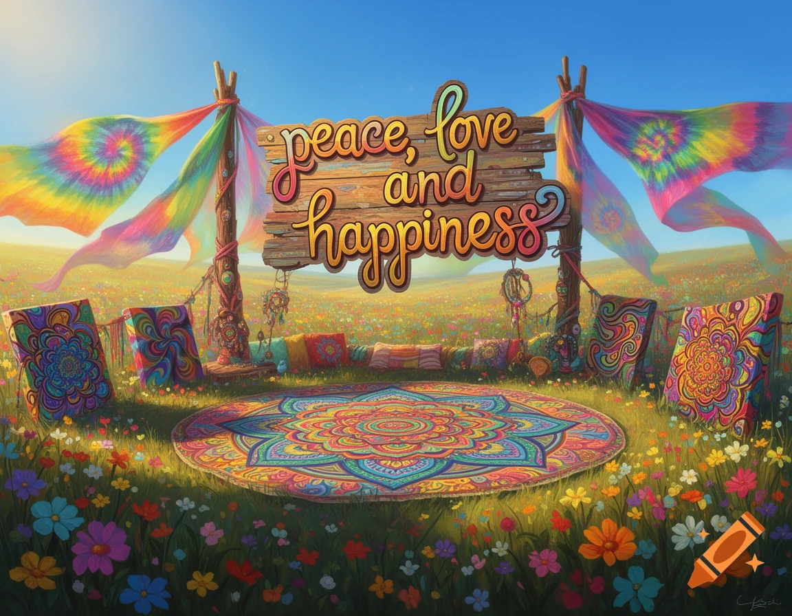A vibrant, colorful hippie-themed field of flowers with a sign saying "peace, love and happiness" and patterned fabrics.