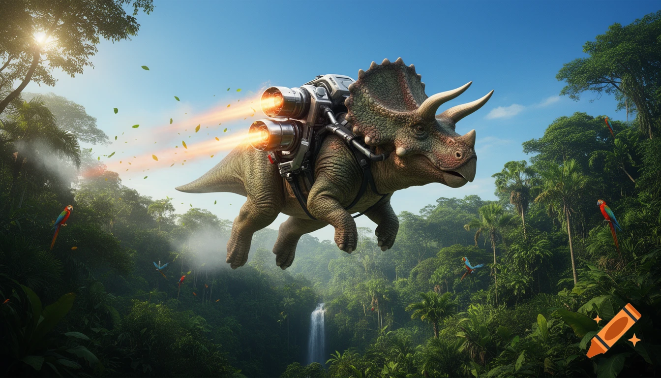 A photorealistic triceratops with a jetpack flies over a lush, sunny jungle with a waterfall and parrots.
