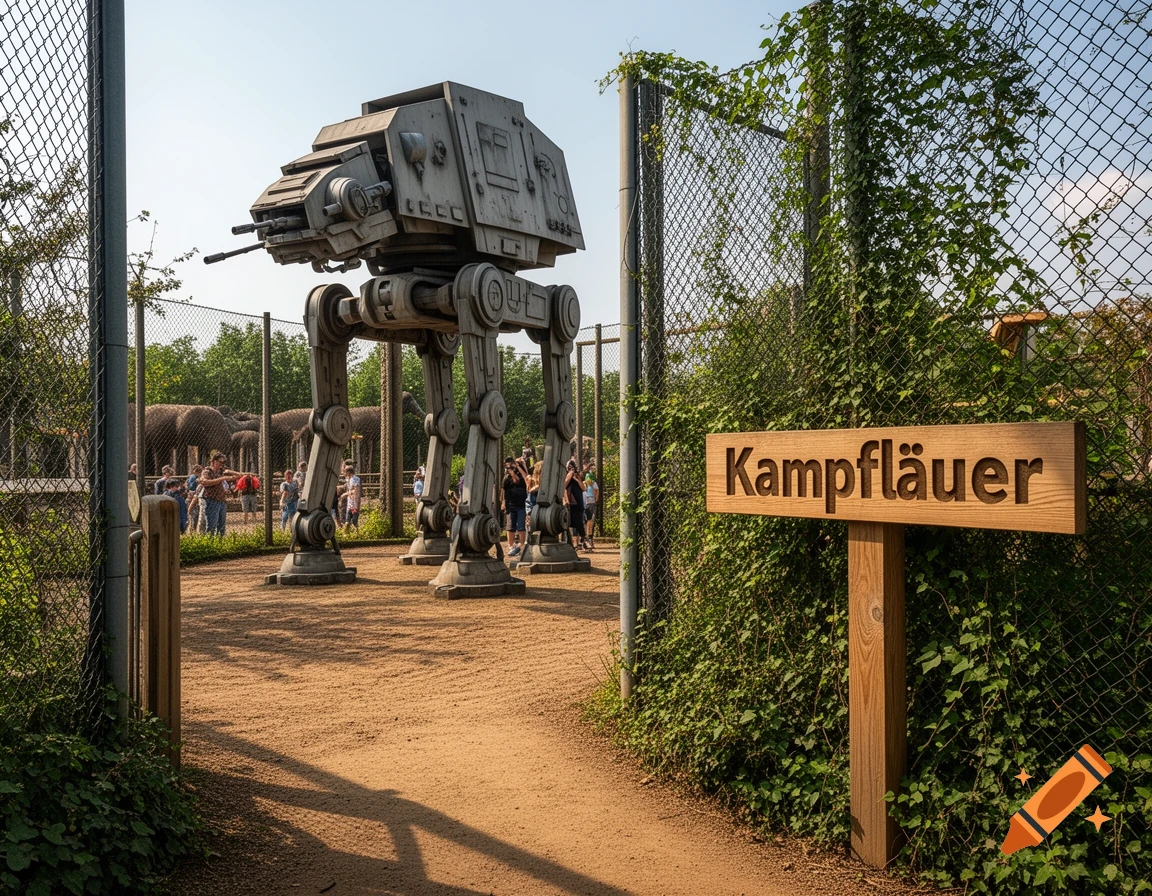 A photorealistic image of a Star Wars AT-ST walker standing in a zoo enclosure with elephants in the background and a sign reading 'Kampfläuer'.