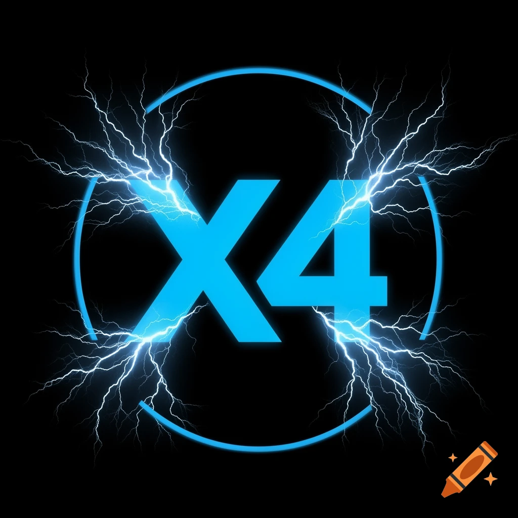 Light blue 'X4' logo with lightning strikes around a circle on a black background.