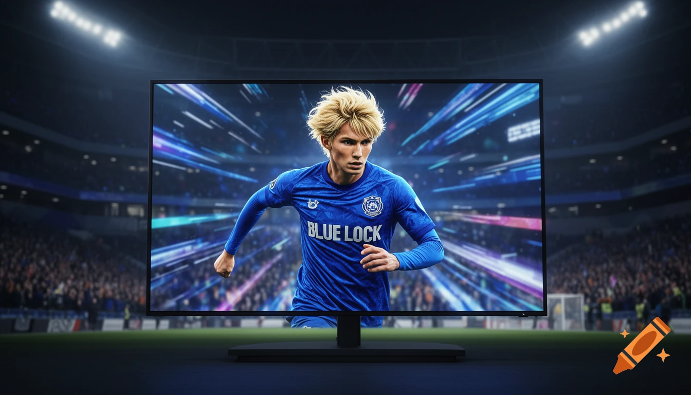 A male anime soccer player with spiky blonde hair, wearing a blue jersey with 'BLUE LOCK' on it, is shown running on a large TV screen in a dark stadium.