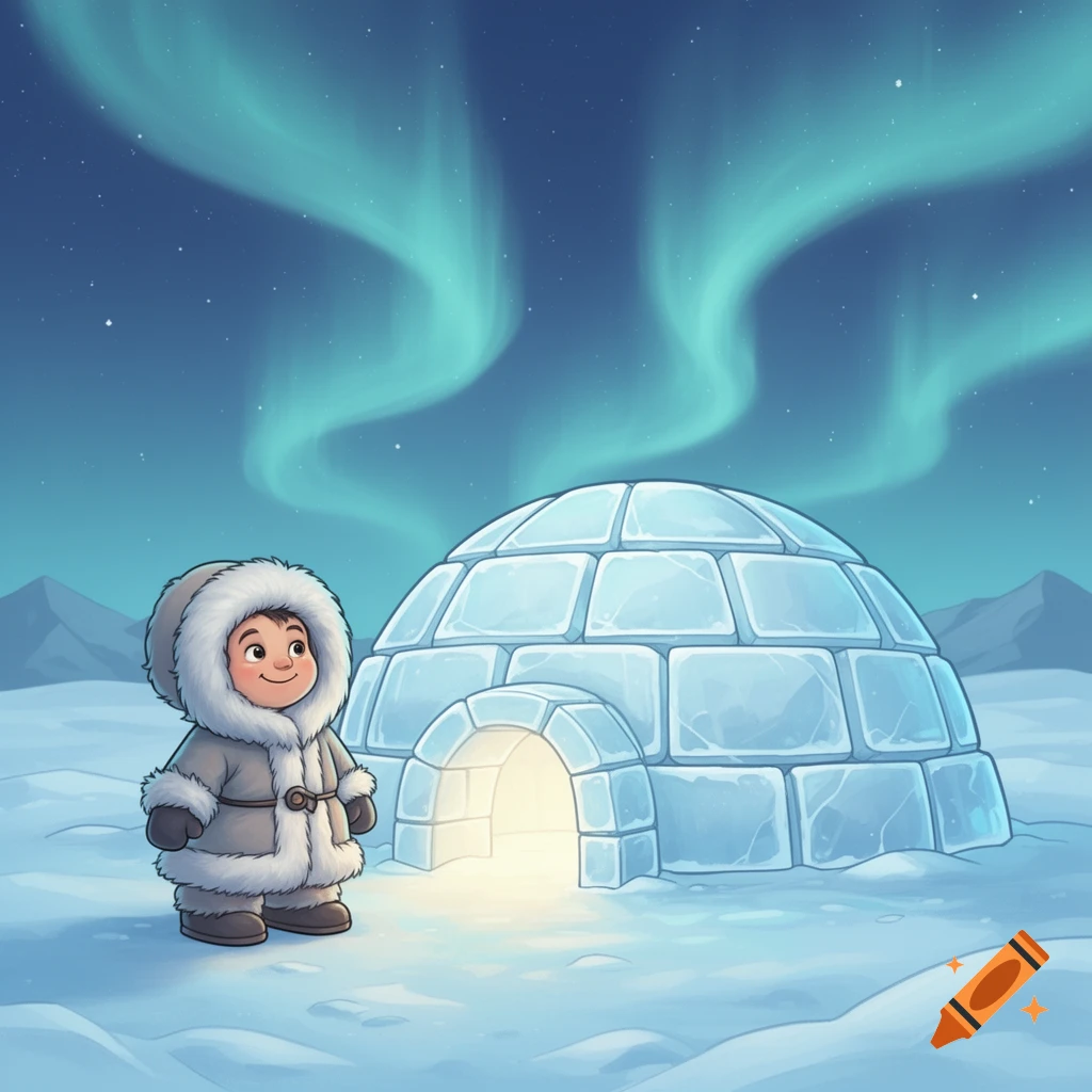 A smiling cartoon child in a fur-lined parka stands next to a glowing igloo under a green aurora borealis in a snowy landscape.