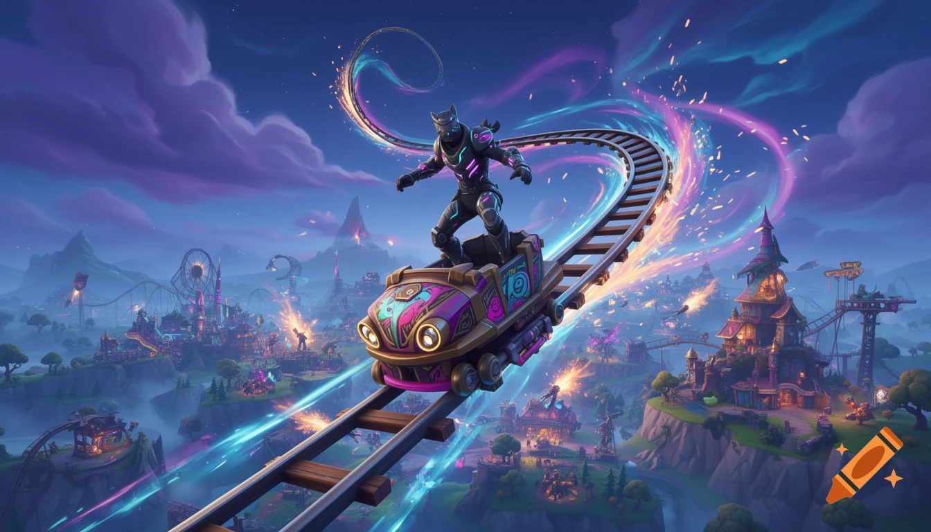 A futuristic character surfs on a roller coaster cart, leaving vibrant trails over a fantastical, glowing amusement park at twilight.