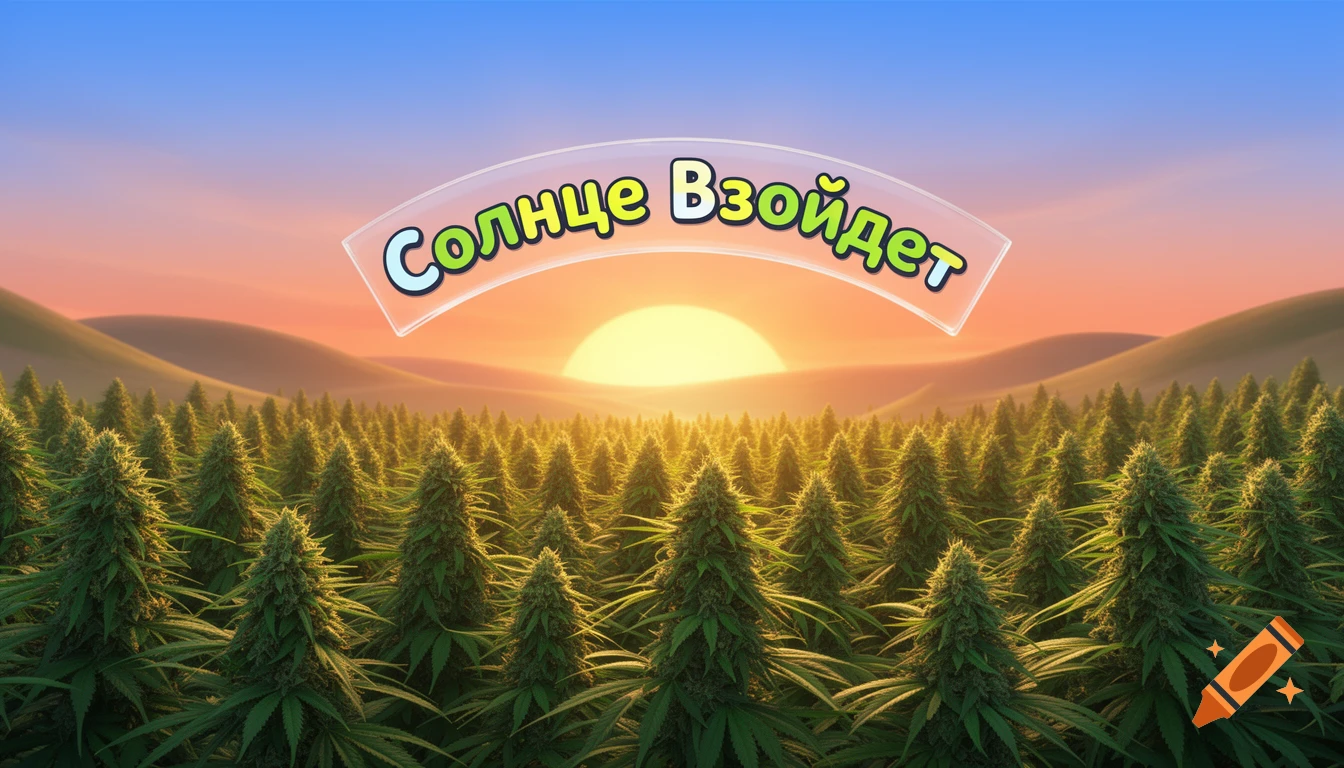 A cartoon landscape featuring a field of cannabis plants under a sunrise with a sign displaying "Solntse Vzoydet".