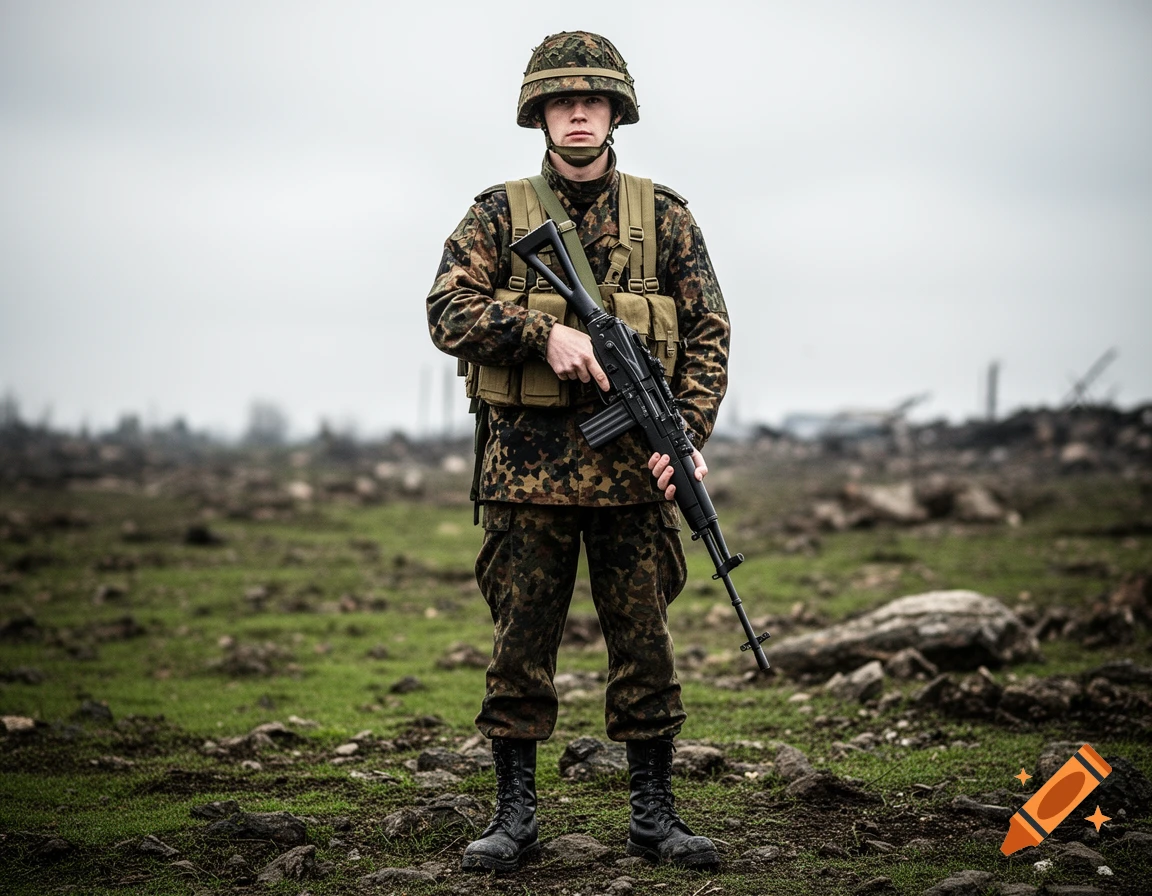 A photorealistic image of a soldier in flecktarn camouflage uniform, helmet, and black boots, standing in a desolate, rocky field, holding a rifle.