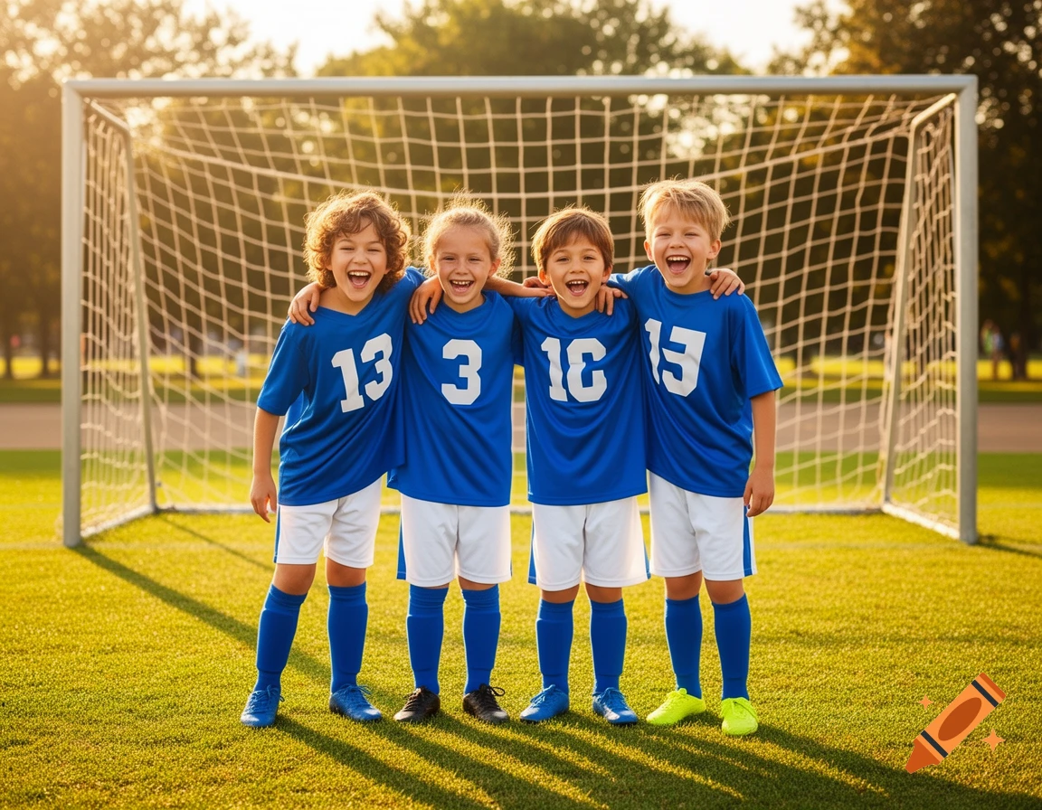 Four smiling children in blue and white soccer uniforms stand in front of a goal on a sunny grass field.