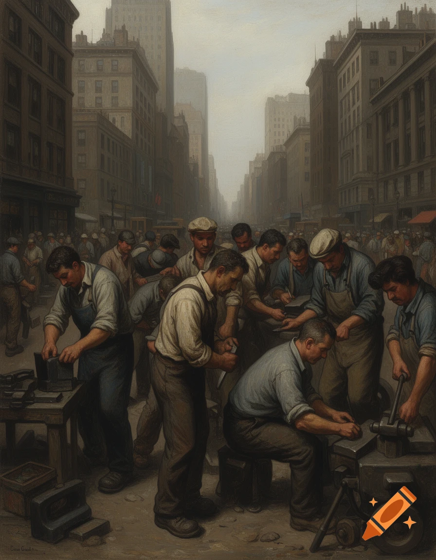 A realistic painting of numerous male laborers working with tools on a bustling city street with tall buildings.