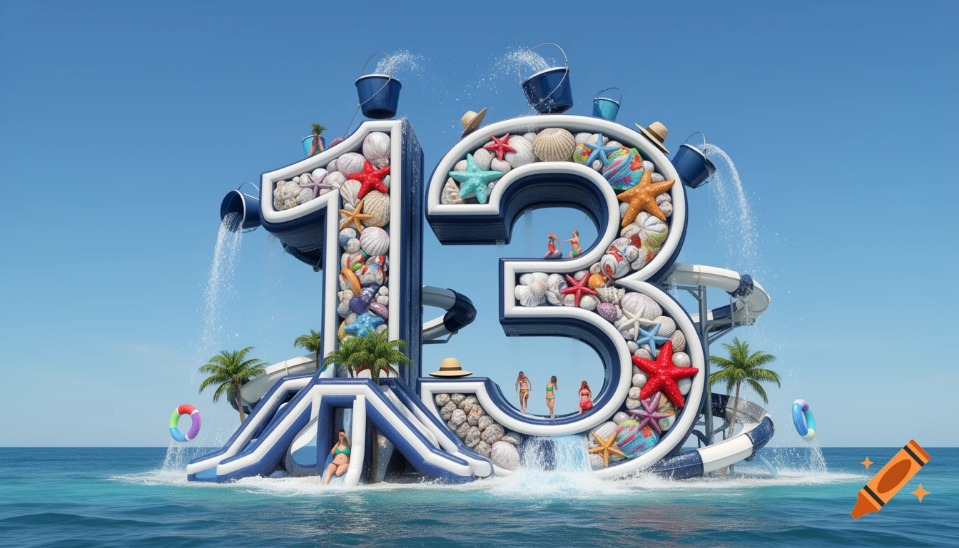 A giant 3D number 13, intricately formed by beach shells, starfish, and blue water park slides with miniature people, set on the ocean under a clear sky.