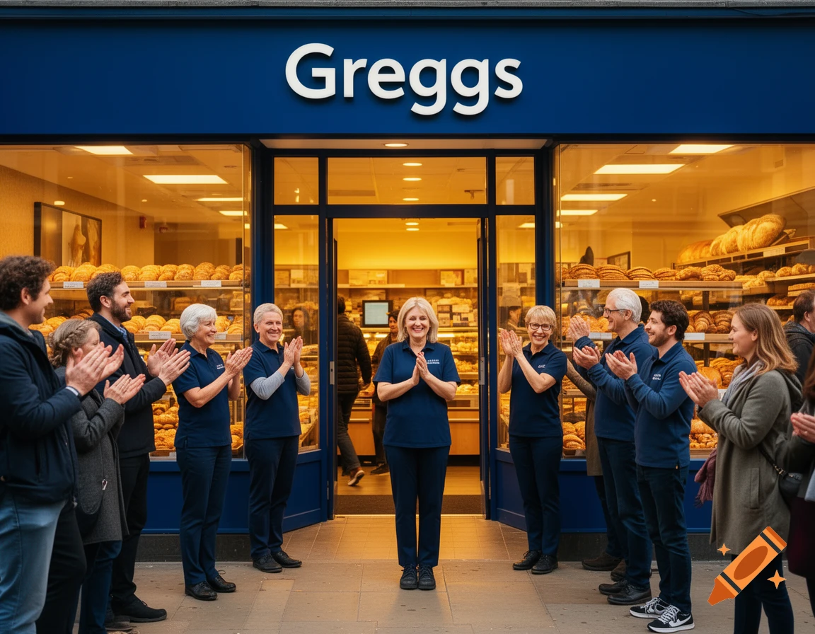 Staff members clap outside a Greggs bakery, with baked goods visible in the windows.