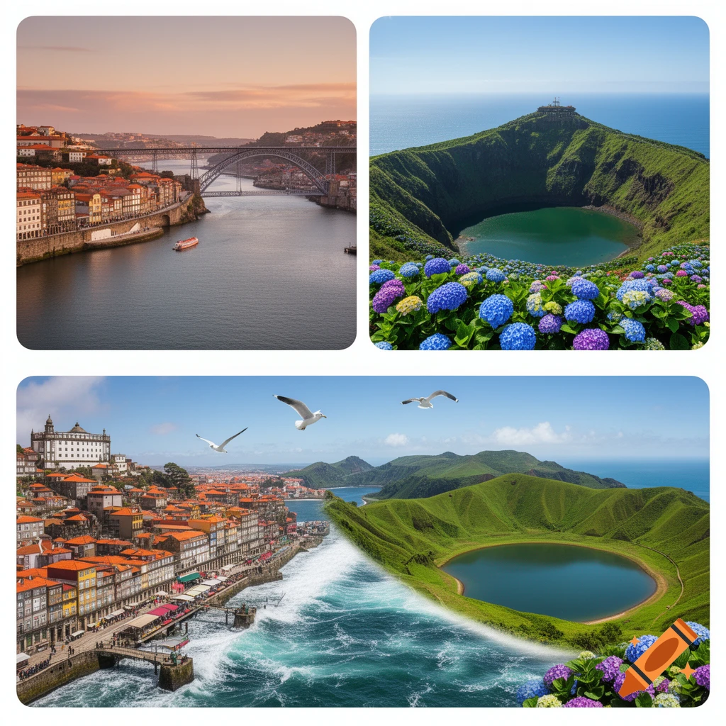 A creative collage featuring two distinct landscapes: Porto's historic cityscape with a bridge and the Azores' volcanic crater lake with colorful hydrangeas. The bottom image visually blends both scenes with ocean waves and seagulls.