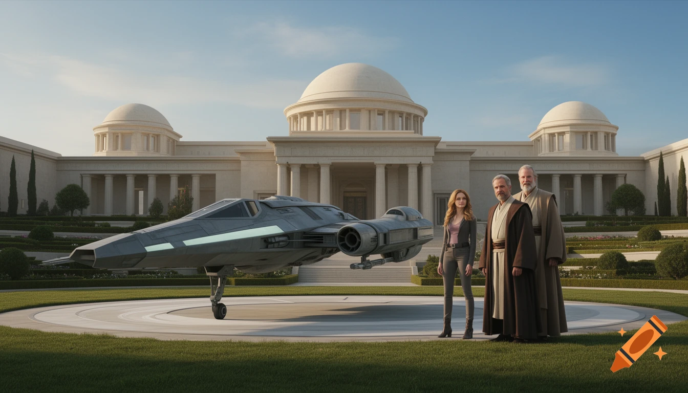 A grey starfighter landed on a pad in front of a grand domed palace, with a woman and two robed men standing nearby.