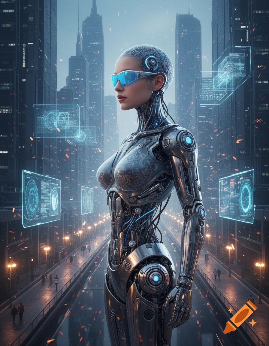 A photorealistic cyborg with glowing blue goggles and intricate metallic body stands in a futuristic city with holographic interfaces.