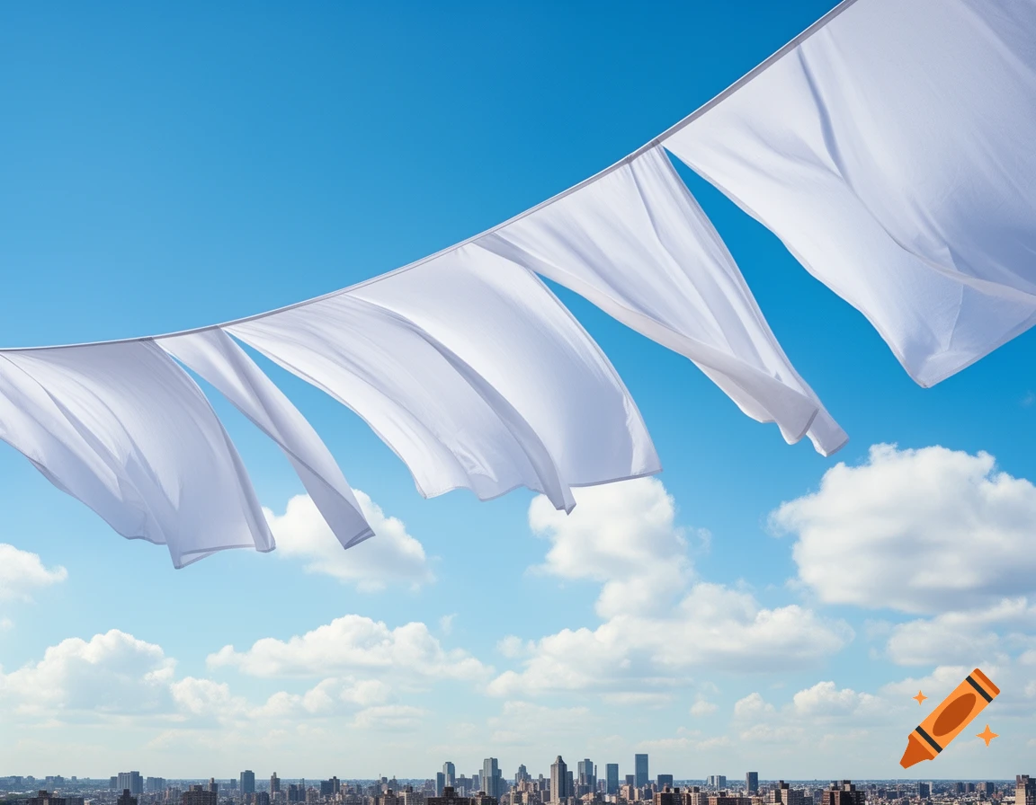 White sheets billow against a bright blue sky with fluffy clouds over a distant city skyline, photorealistic.
