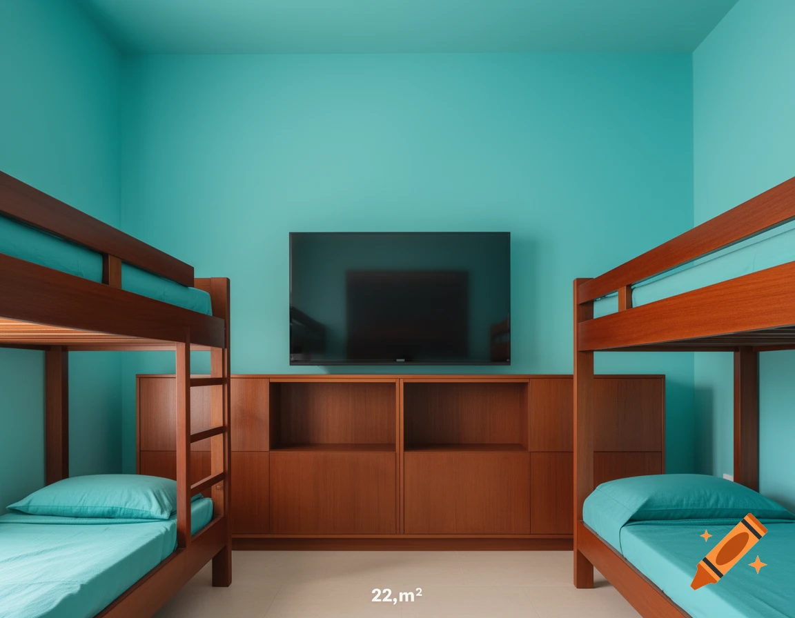 A bunk bed room with teal walls, two wooden bunk beds with blue bedding, a wall-mounted TV, and a wooden cabinet below it.