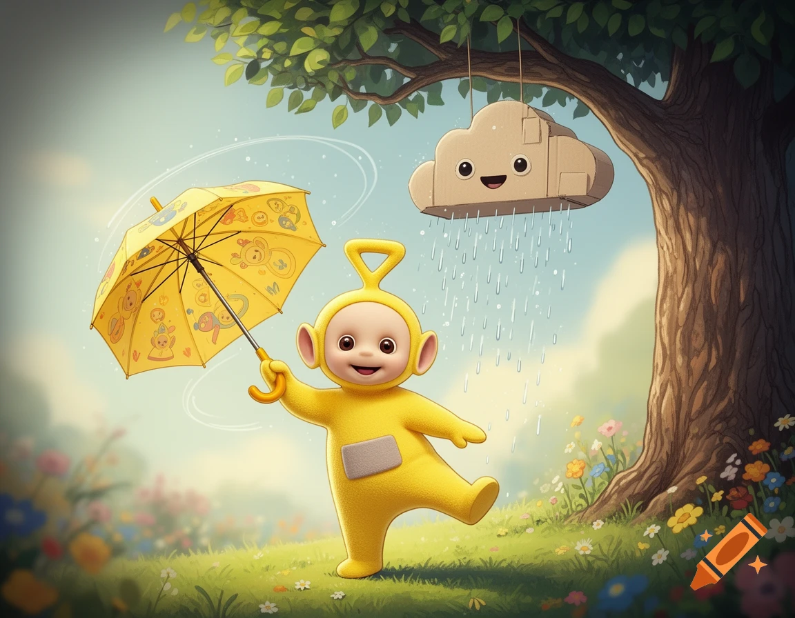Laa-Laa the Teletubby holds a yellow umbrella under a cardboard raincloud hanging from a tree in a sunny, flower-filled field.