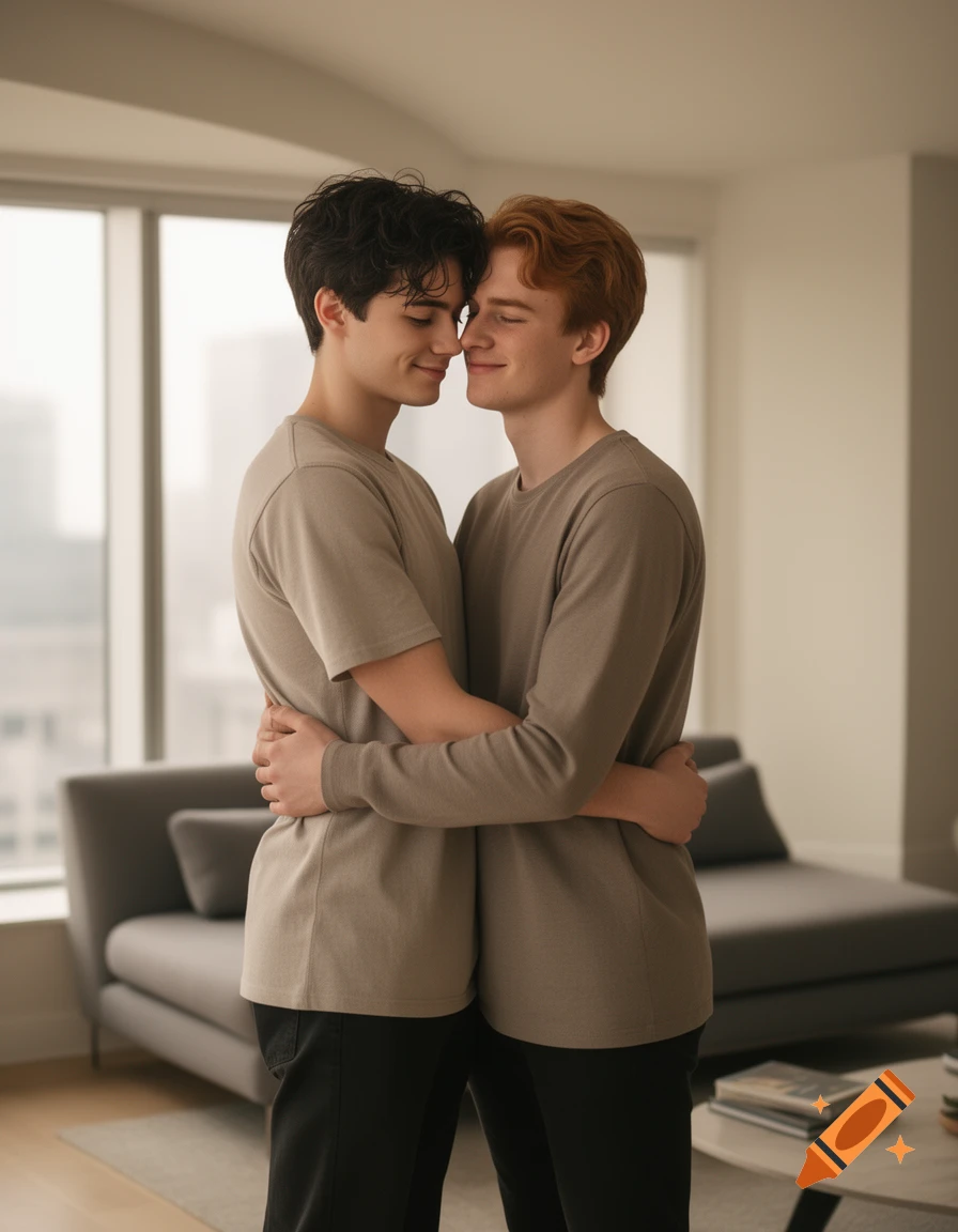 Two young men with dark and red hair embrace intimately in a modern, bright apartment, touching foreheads and smiling.