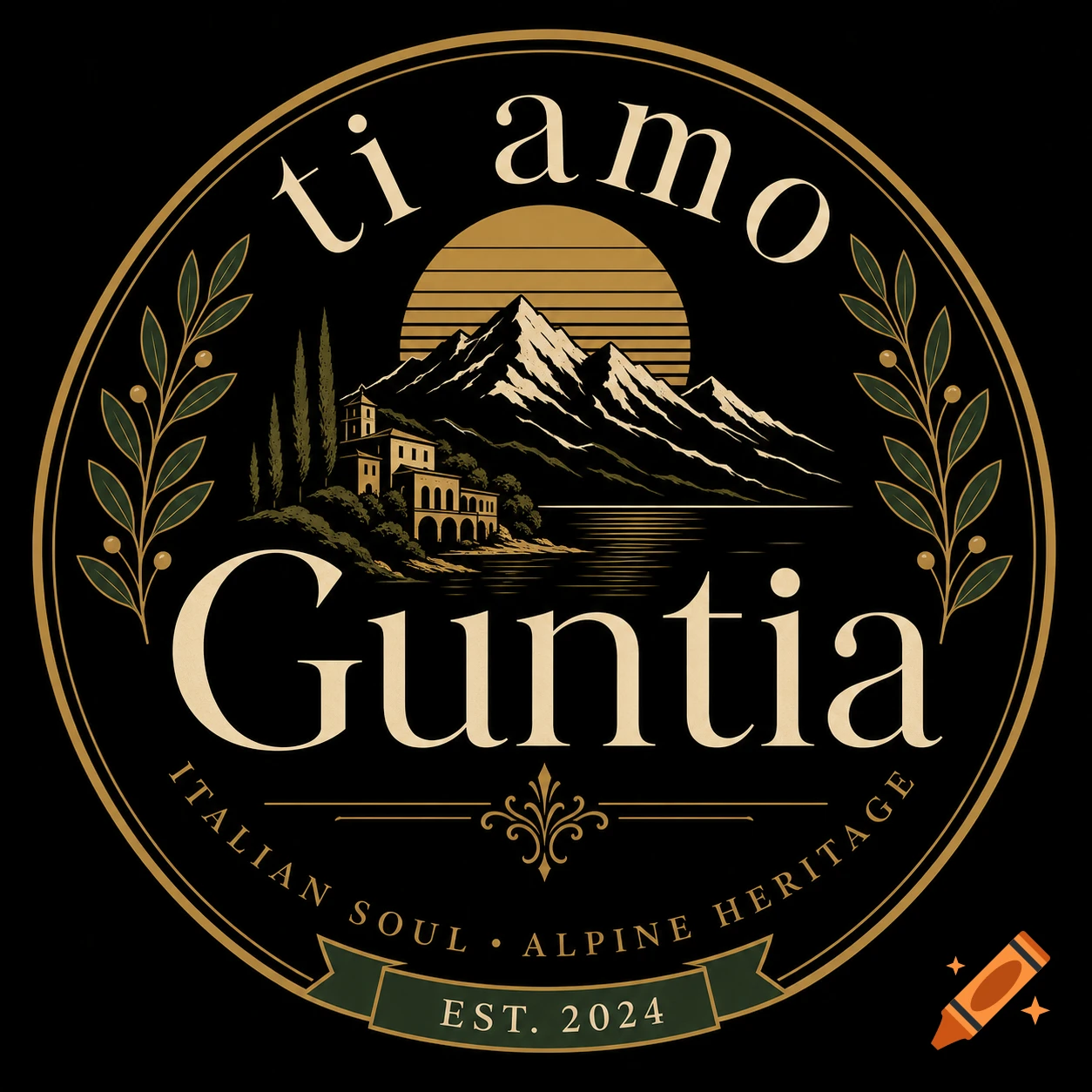 Circular vintage emblem for 'ti amo Guntia' brand, featuring mountains, a lake, and Italianate buildings.