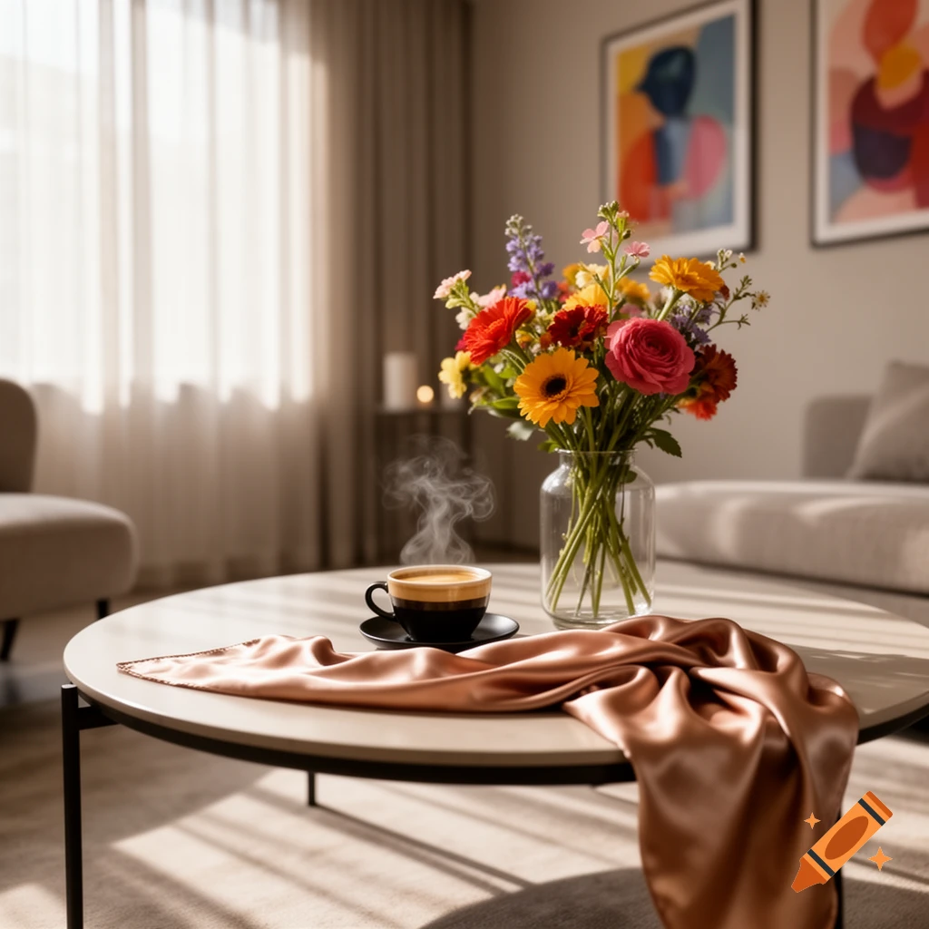 A sunlit living room with a steaming cup of coffee and a vibrant bouquet of flowers on a round coffee table, next to a draped copper silk fabric.