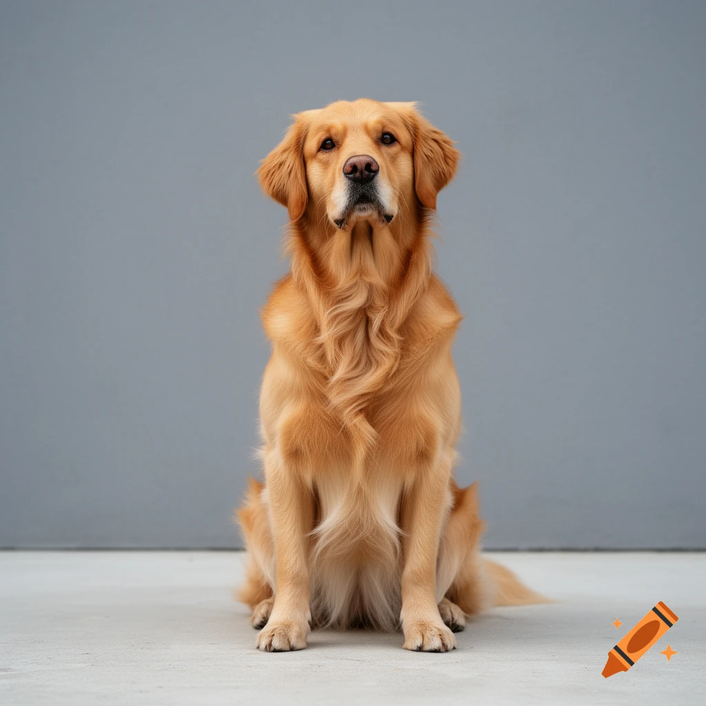 A photorealistic golden retriever dog sits attentively against a simple gray wall on a light concrete floor.