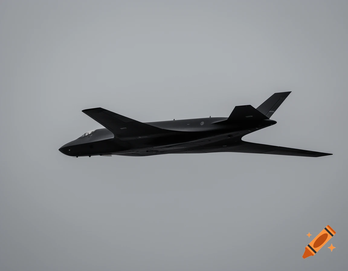 A sleek, dark stealth bomber jet flies against a plain grey sky.