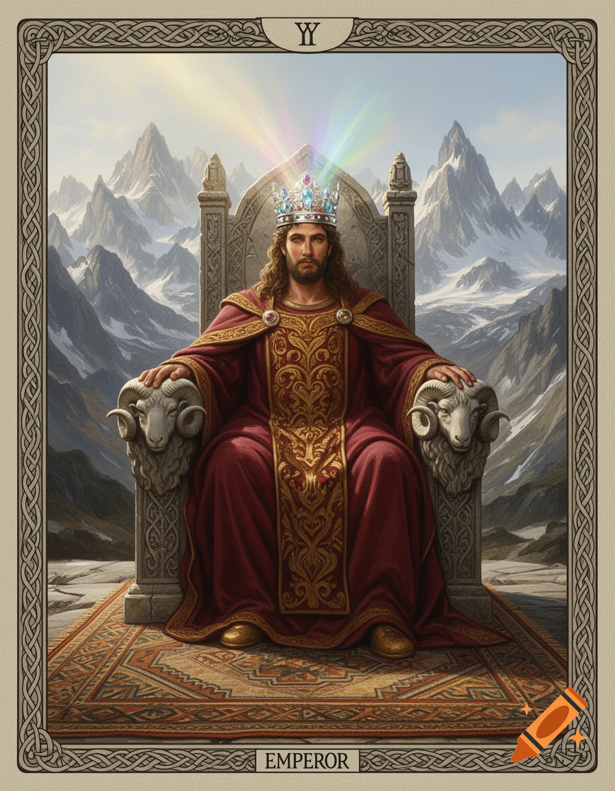 A stylized Emperor tarot card features a long-haired king in a jeweled crown and red robe, seated on a stone throne with ram's heads, against a backdrop of snowy mountains. Rainbow light emanates from his crown. The card has a Celtic knot border.