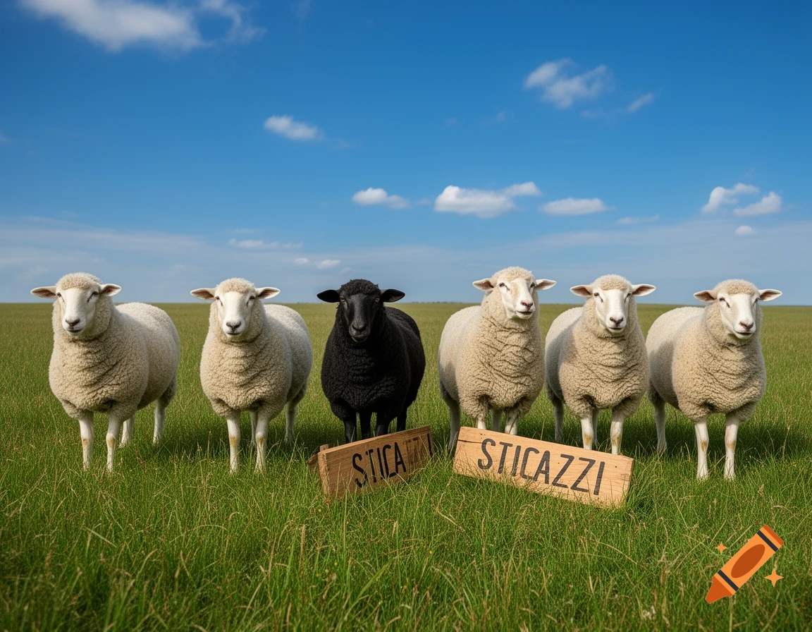 Five white sheep and one black sheep stand in a grassy field under a blue sky, with two wooden signs in front of them.