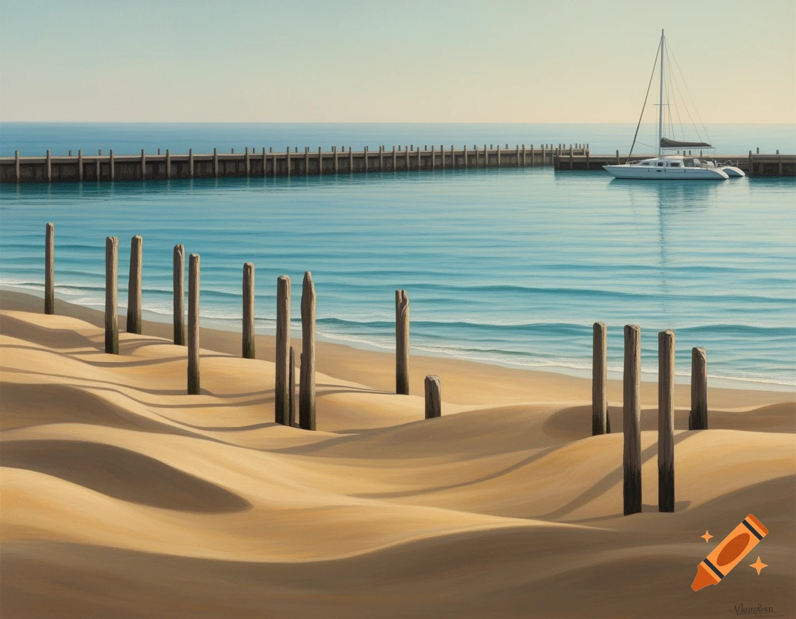 Painting of a serene beach with sand dunes and pilings. A catamaran is docked at a long wooden jetty in the calm blue ocean.