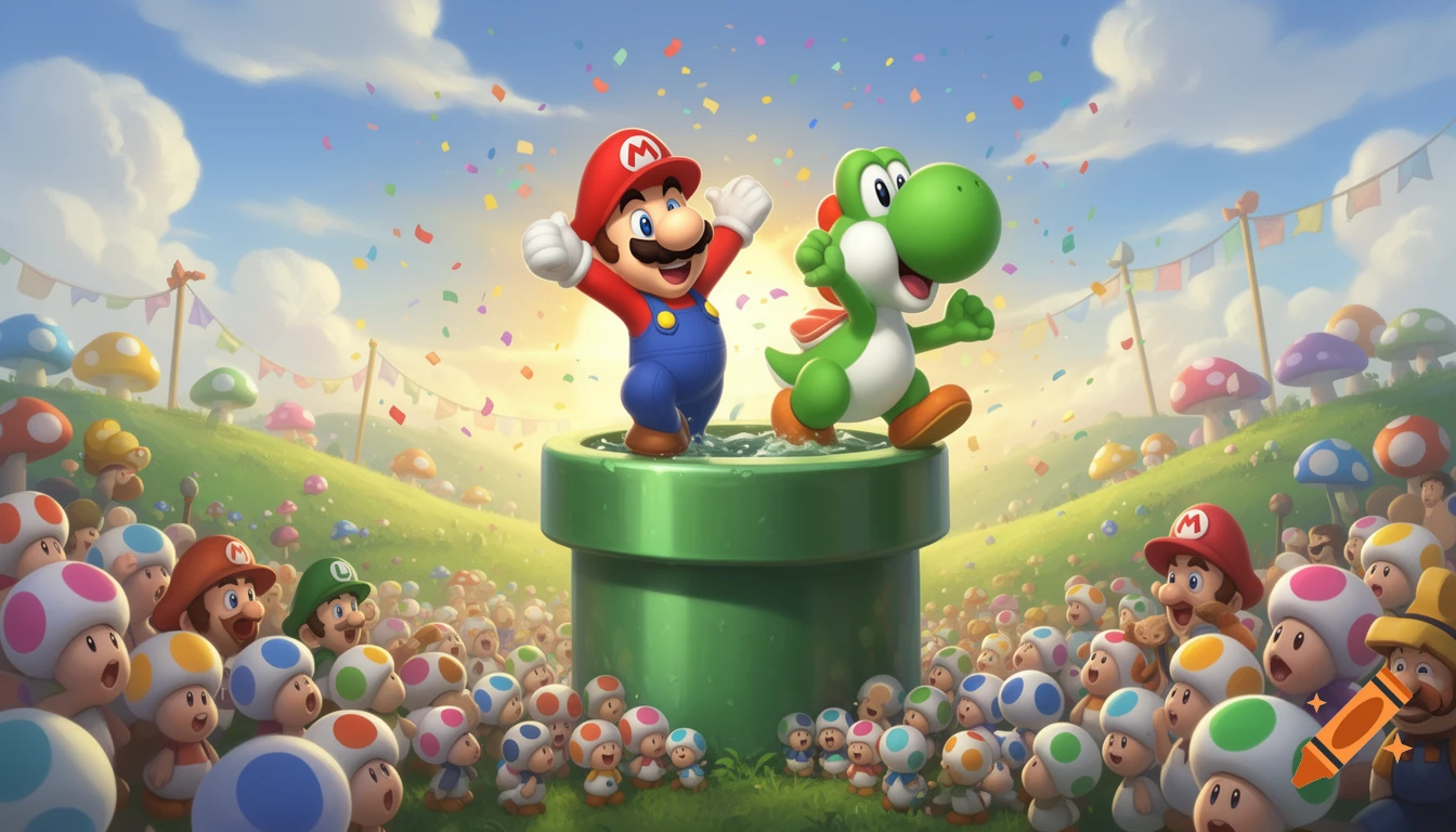 Mario and Yoshi celebrate on a green pipe, surrounded by cheering Toads and Luigi in a vibrant Mushroom Kingdom landscape with confetti.