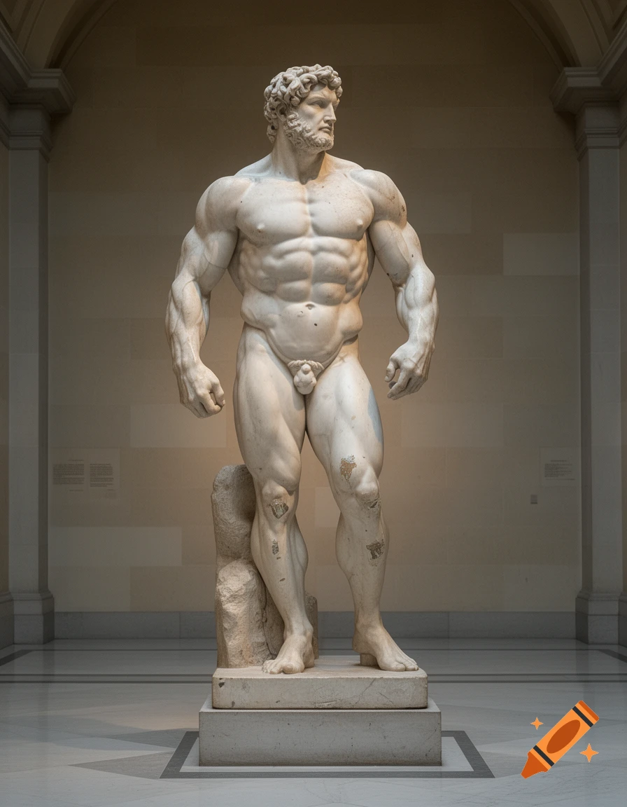 Photorealistic image of a highly muscular marble statue of a man in a museum.