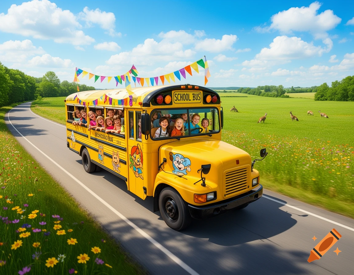 A bright yellow school bus, decorated with colorful flags, drives on a winding road through a sunny green field, filled with smiling children looking out the windows. Kangaroos graze in the distance.