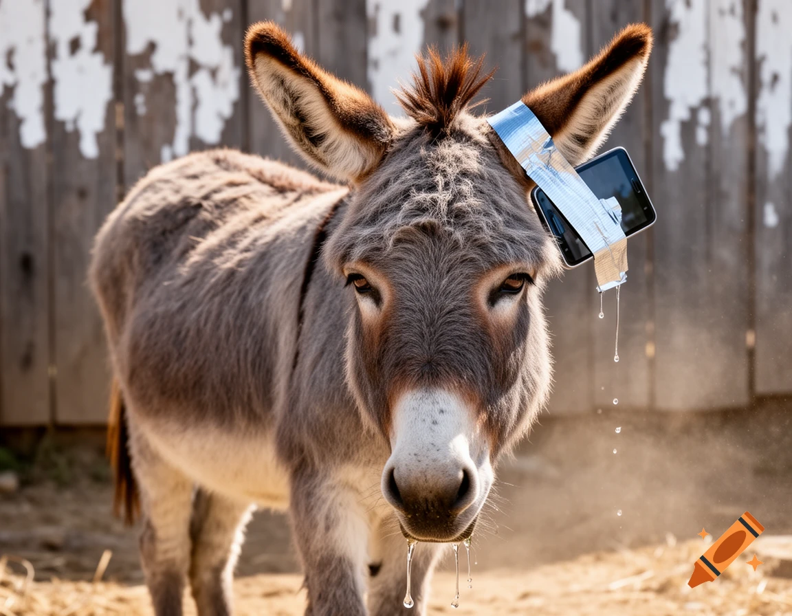 Photorealistic image of a dazed donkey with a cellphone duct-taped to its ear, drooling from its mouth.