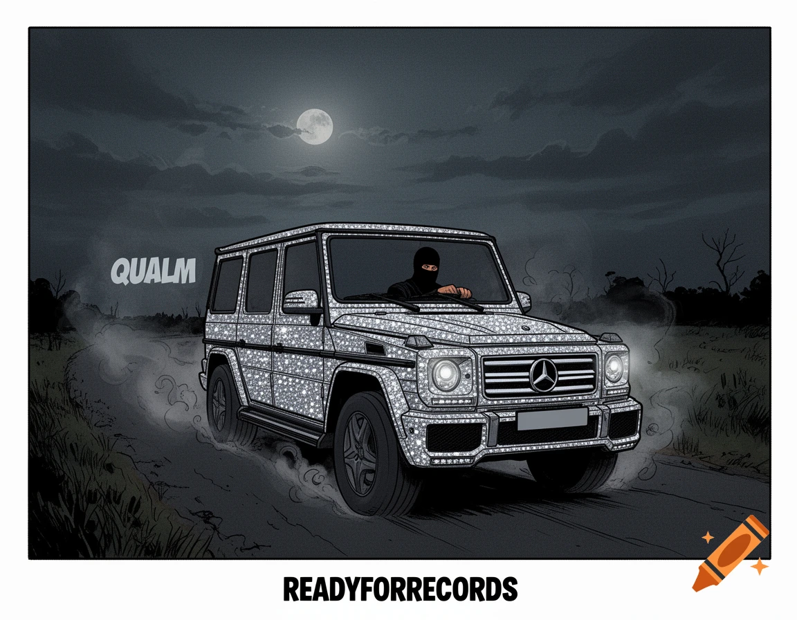 Comic illustration of a driver in a balaclava driving a diamond-encrusted Mercedes G-Wagen on a smoky night road. Text 'QUALM', 'READYFORRECORDS'.